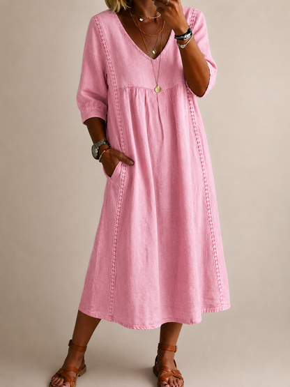 Women's Linen Look Dress with V-Neck