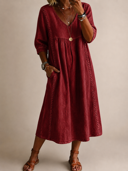Women's Linen Look Dress with V-Neck
