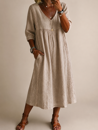 Women's Linen Look Dress with V-Neck
