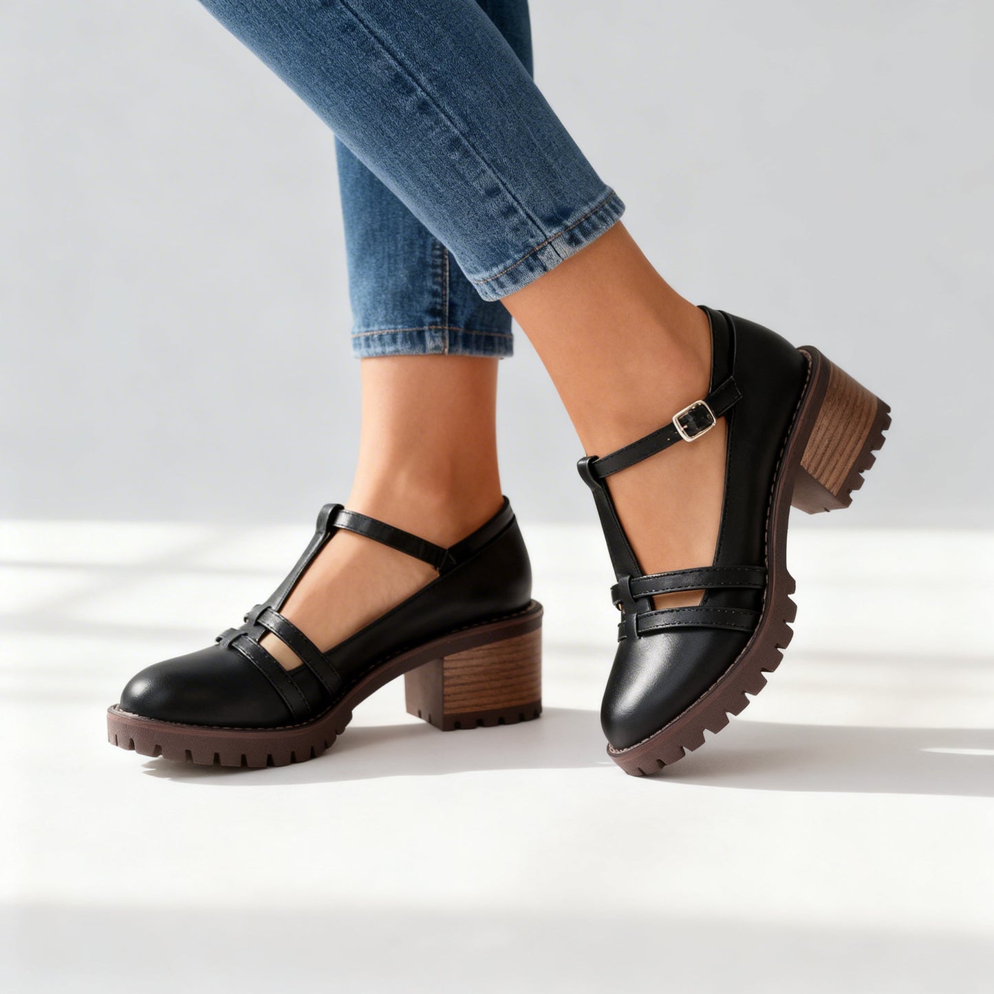 Women's Loafers with Adjustable Ankle Buckle and Block Heel
