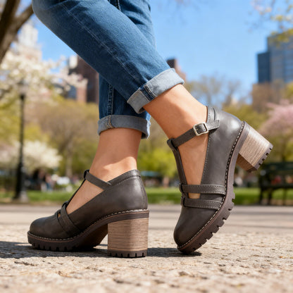 Women's Loafers with Adjustable Ankle Buckle and Block Heel