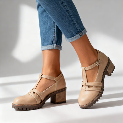 Women's Loafers with Adjustable Ankle Buckle and Block Heel