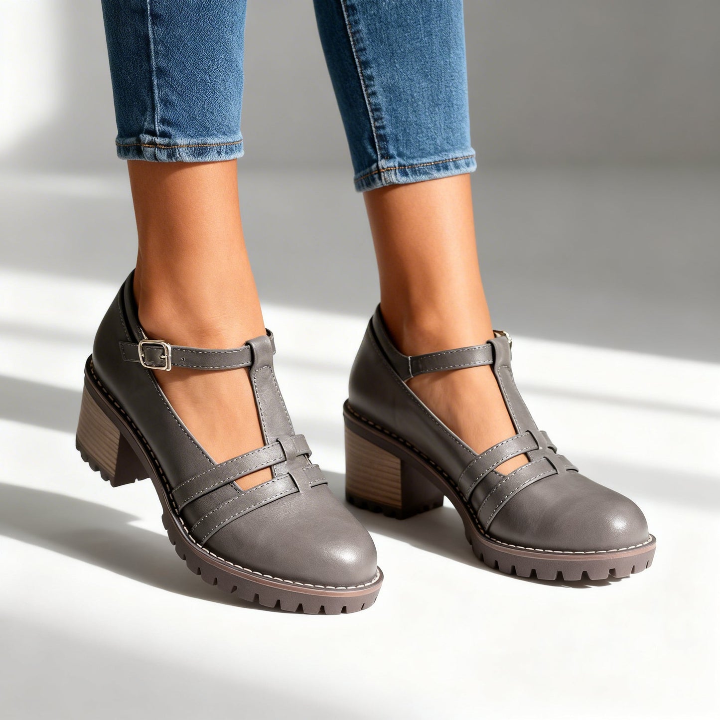 Women's Loafers with Adjustable Ankle Buckle and Block Heel