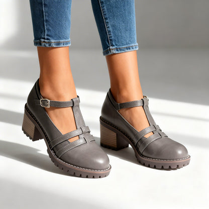 Women's Loafers with Adjustable Ankle Buckle and Block Heel