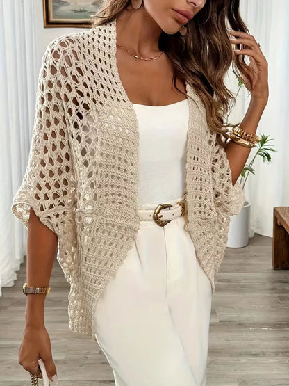 Women's Long Crochet Cardigan in Light Beige for Elegant Layering