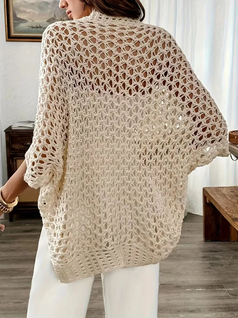 Women's Long Crochet Cardigan in Light Beige for Elegant Layering