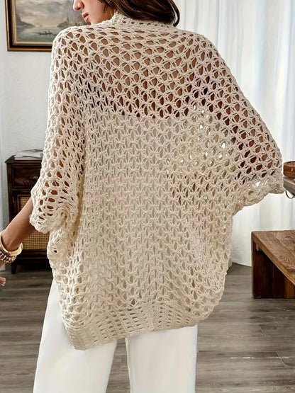 Women's Long Crochet Cardigan in Light Beige for Elegant Layering