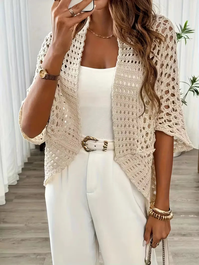 Women's Long Crochet Cardigan in Light Beige for Elegant Layering