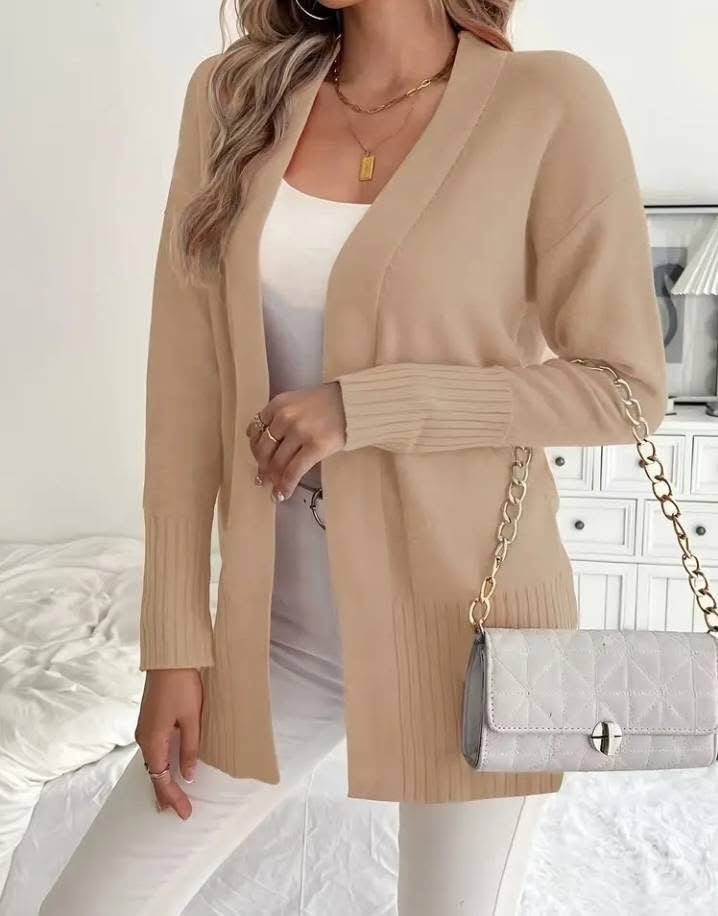 Women's Long Knit Cardigan with Ribbed Details and Relaxed Fit