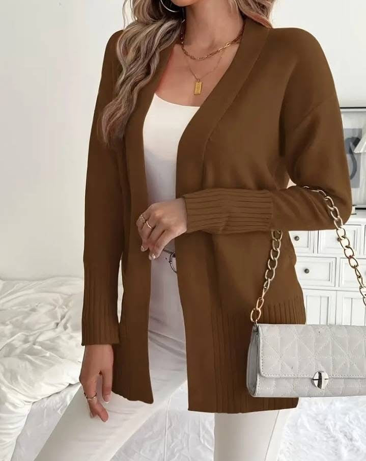 Women's Long Knit Cardigan with Ribbed Details and Relaxed Fit