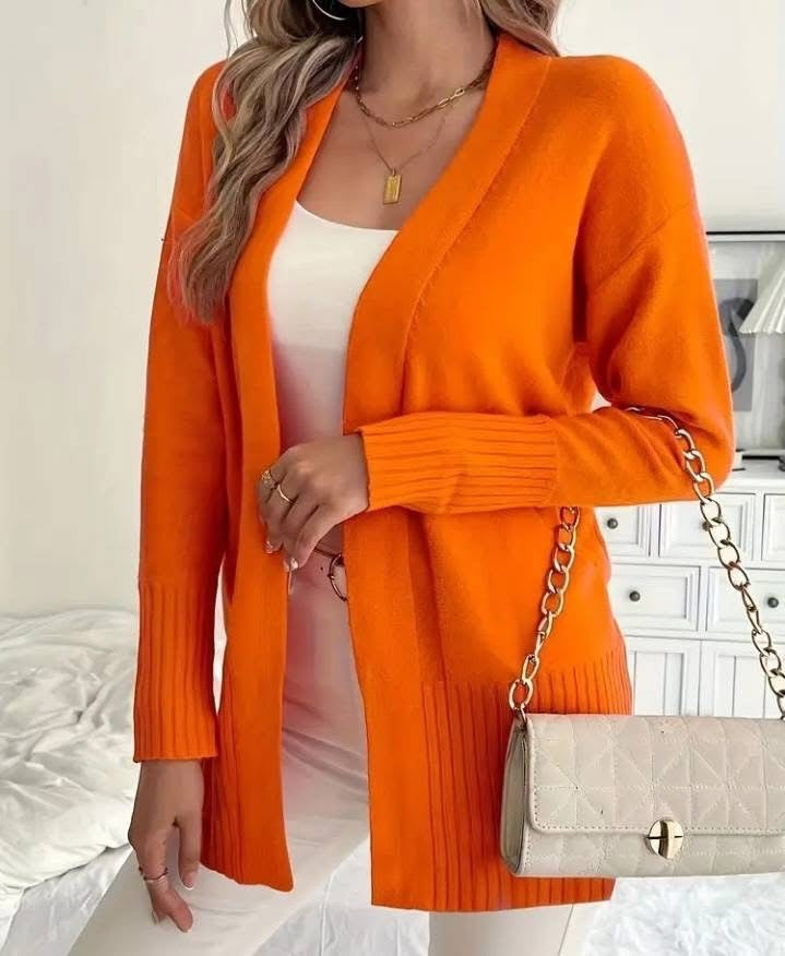 Women's Long Knit Cardigan with Ribbed Details and Relaxed Fit