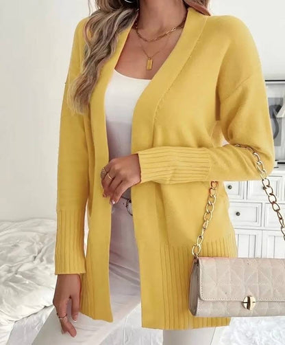 Women's Long Knit Cardigan with Ribbed Details and Relaxed Fit