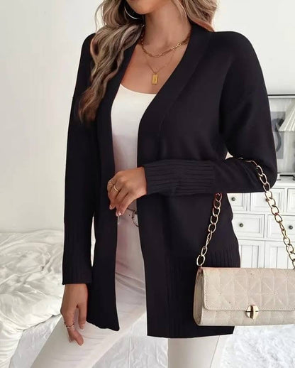 Women's Long Knit Cardigan with Ribbed Details and Relaxed Fit