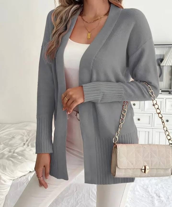 Women's Long Knit Cardigan with Ribbed Details and Relaxed Fit