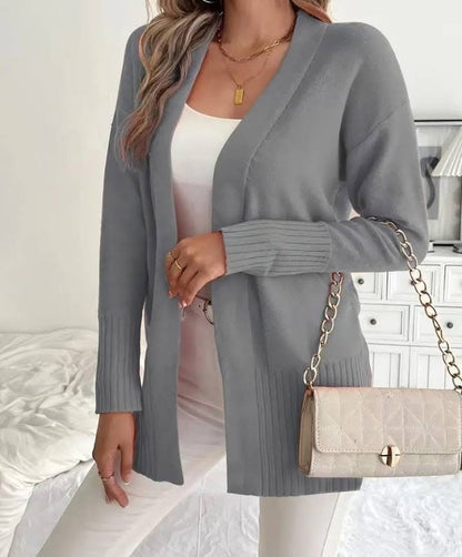 Women's Long Knit Cardigan with Ribbed Details and Relaxed Fit