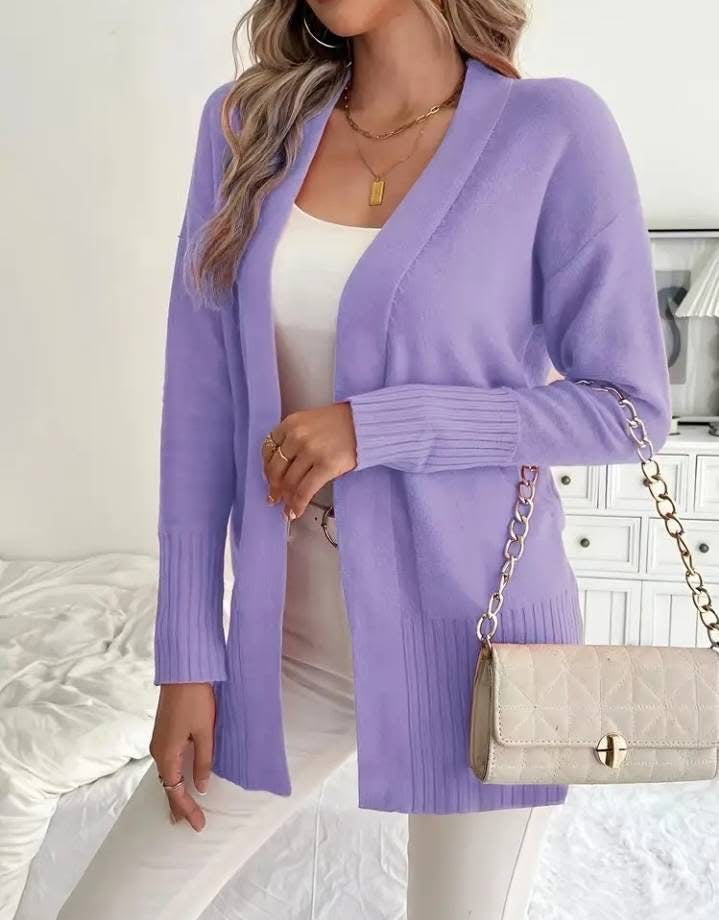 Women's Long Knit Cardigan with Ribbed Details and Relaxed Fit