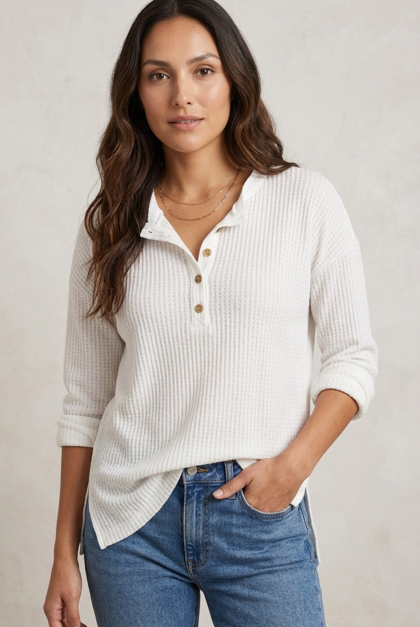 Women's Long Sleeve Button Front Top with V-Neck