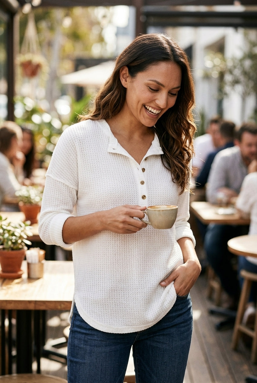 Women's Long Sleeve Button Front Top with V-Neck