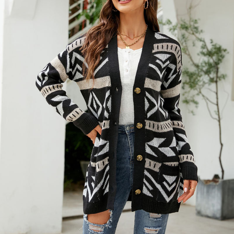Women's Longline Patterned Knit Cardigan with Elegant Silhouette