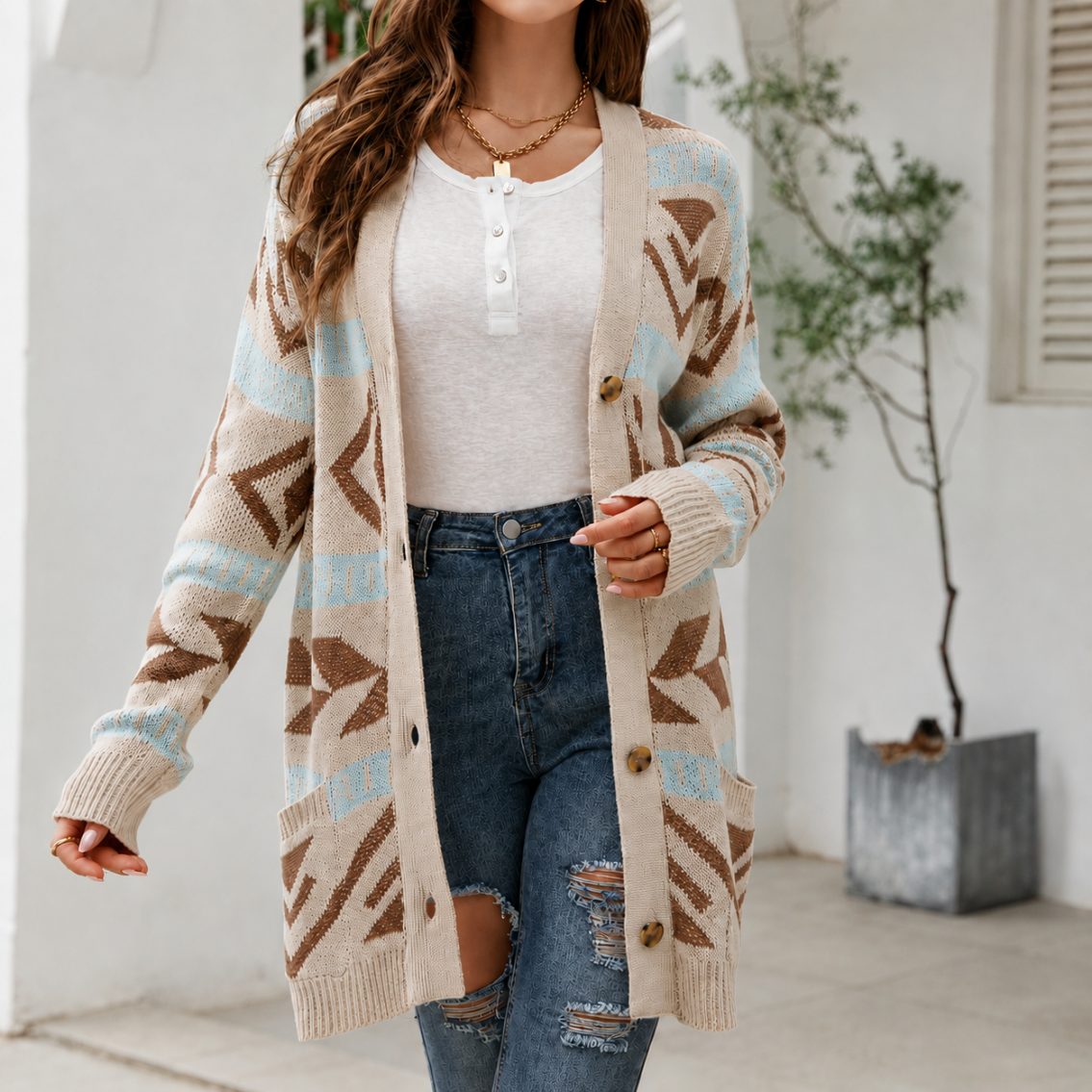 Women's Longline Patterned Knit Cardigan with Elegant Silhouette