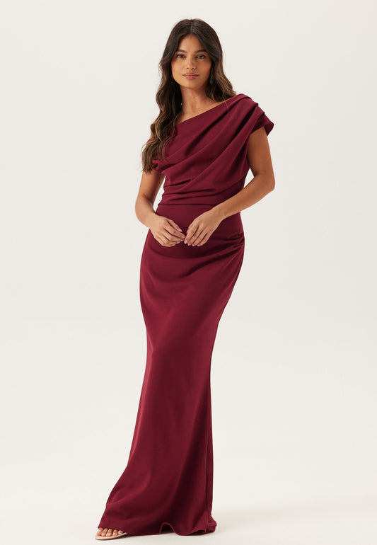 Women's Maxi Dress with Asymmetrical Neckline and Draped Front