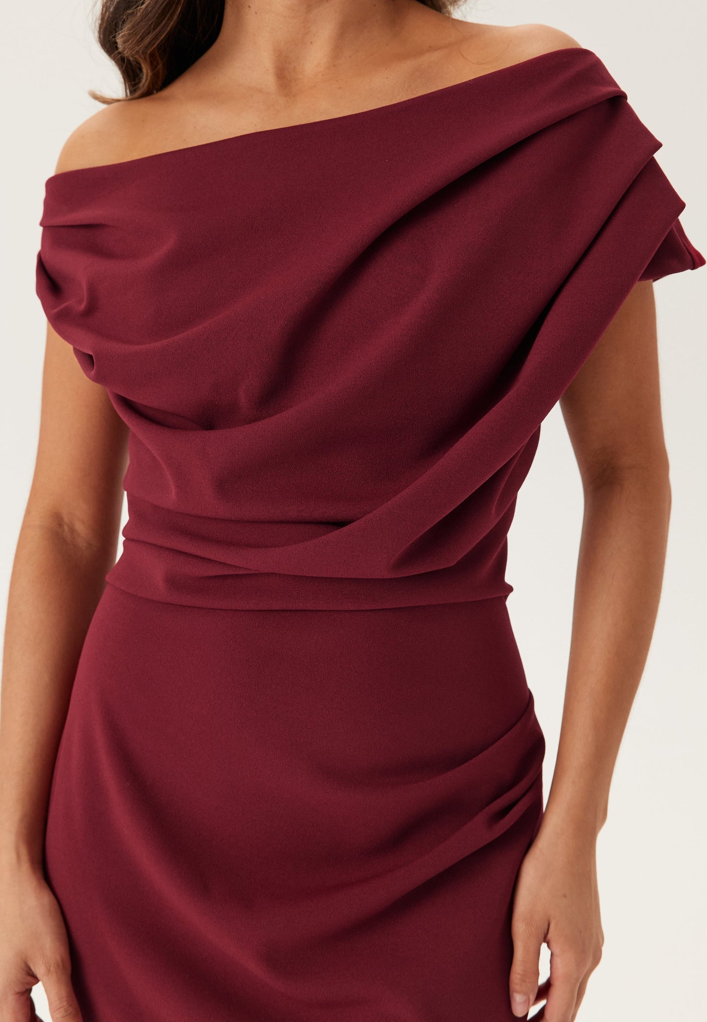 Women's Maxi Dress with Asymmetrical Neckline and Draped Front