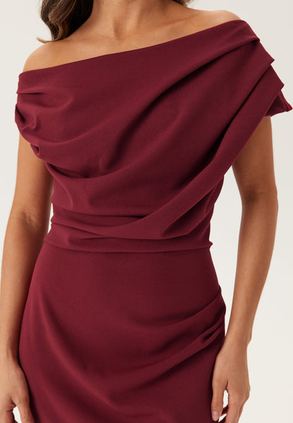 Women's Maxi Dress with Asymmetrical Neckline and Draped Front