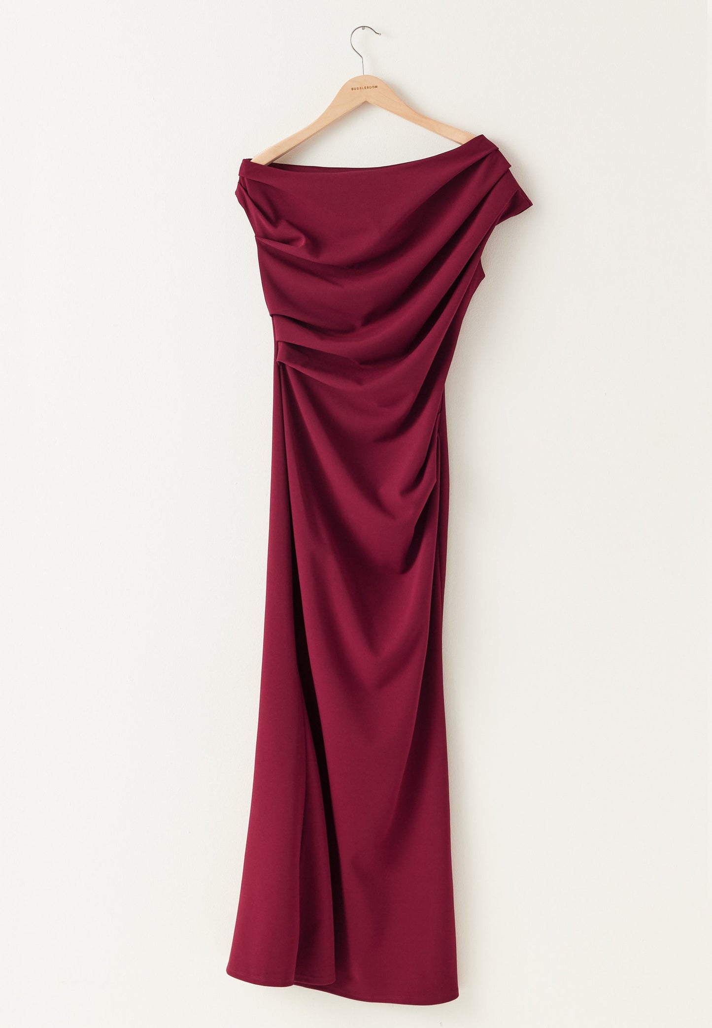 Women's Maxi Dress with Asymmetrical Neckline and Draped Front