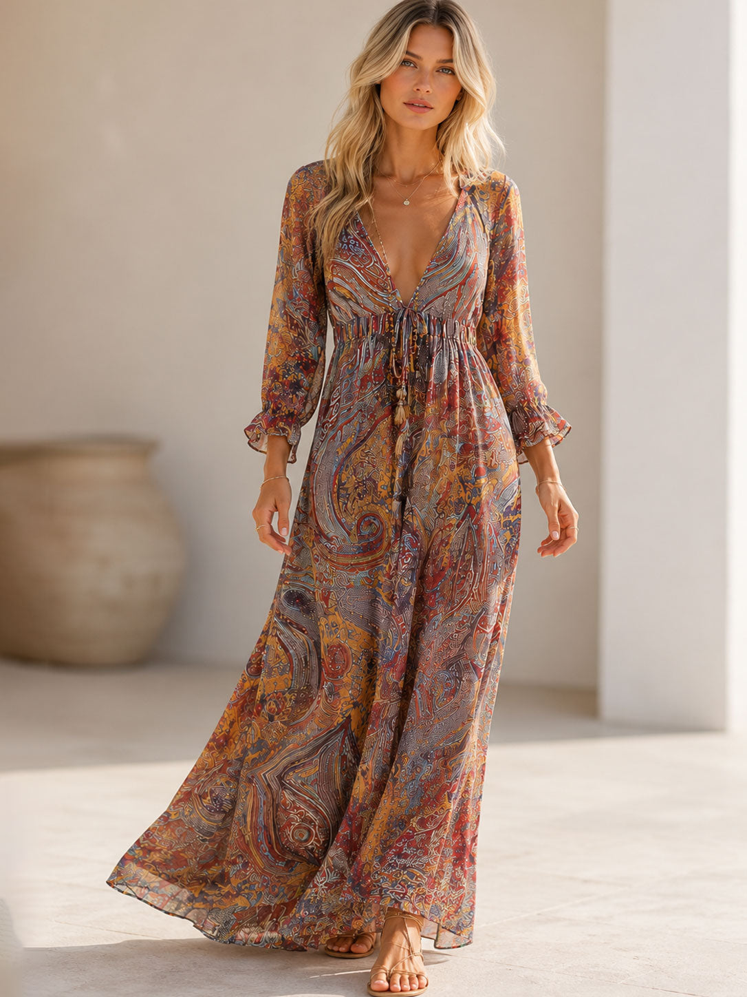 Women's Maxi Dress with Flattering Neckline and Artistic Prints
