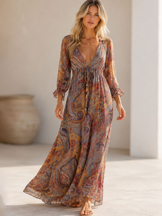 Women's Maxi Dress with Flattering Neckline and Artistic Prints