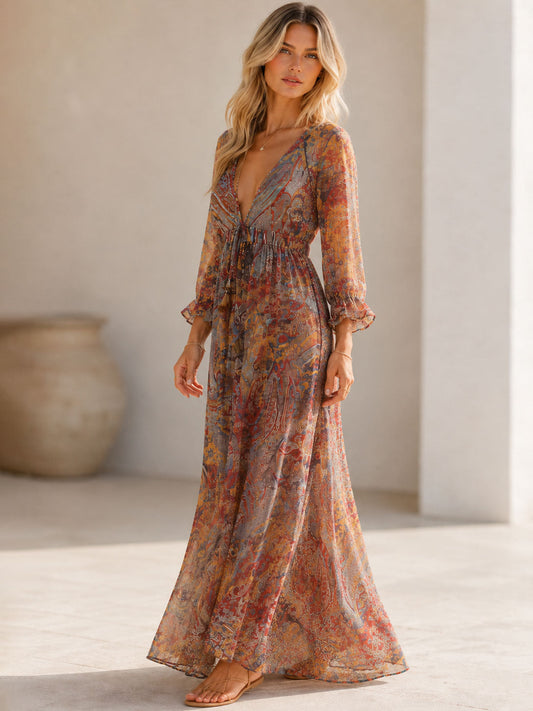 Women's Maxi Dress with Flattering Neckline and Artistic Prints