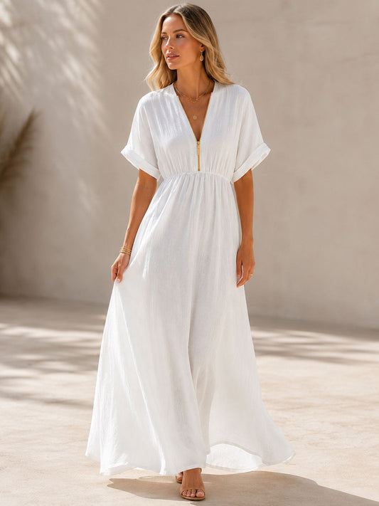 Women's Maxi Dress with Flowing V-Neck and Gold Closure