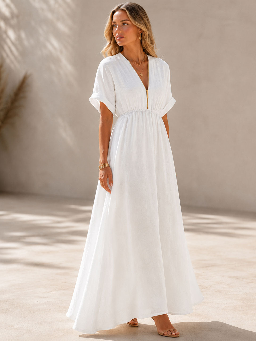 Women's Maxi Dress with Flowing V-Neck and Gold Closure