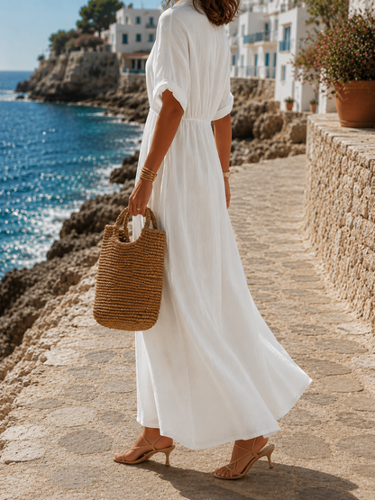Women's Maxi Dress with Flowing V-Neck and Gold Closure