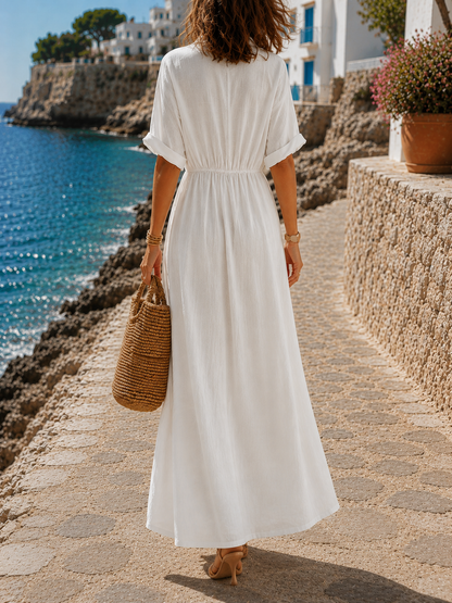 Women's Maxi Dress with Flowing V-Neck and Gold Closure