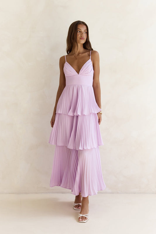 Women's Maxi Dress with Pleated Design and V-Neck