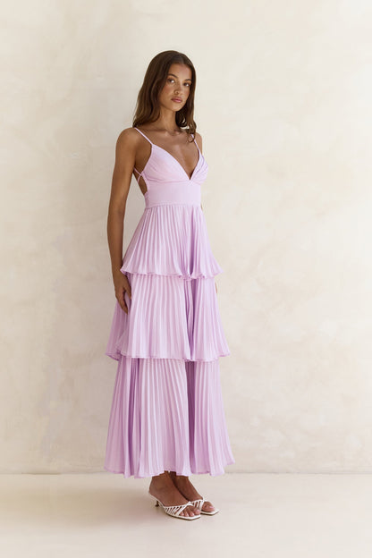 Women's Maxi Dress with Pleated Design and V-Neck
