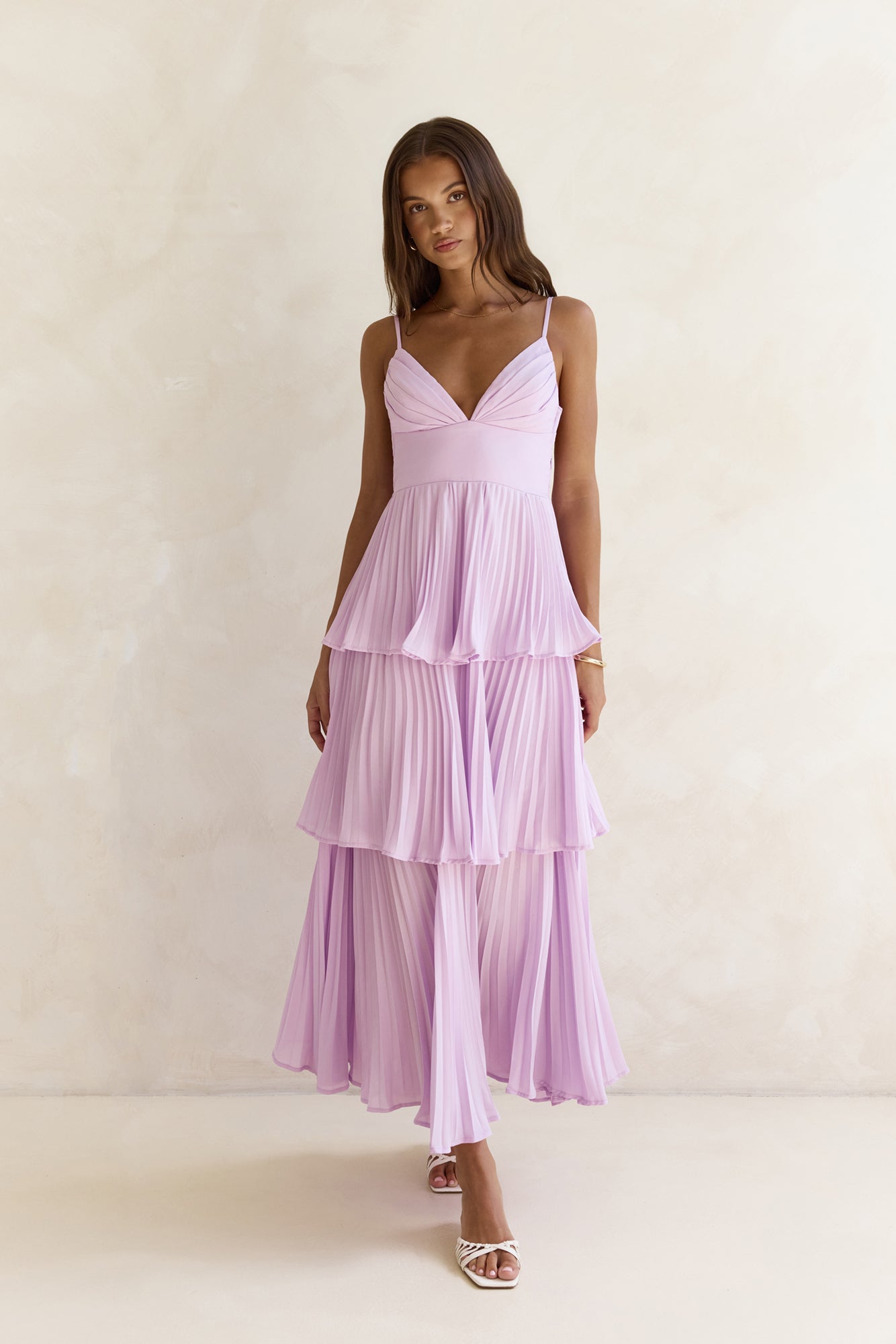 Women's Maxi Dress with Pleated Design and V-Neck