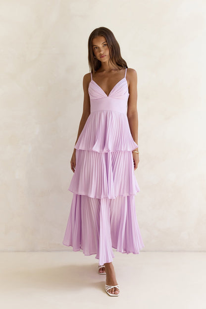 Women's Maxi Dress with Pleated Design and V-Neck
