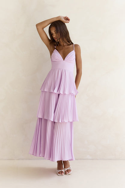Women's Maxi Dress with Pleated Design and V-Neck