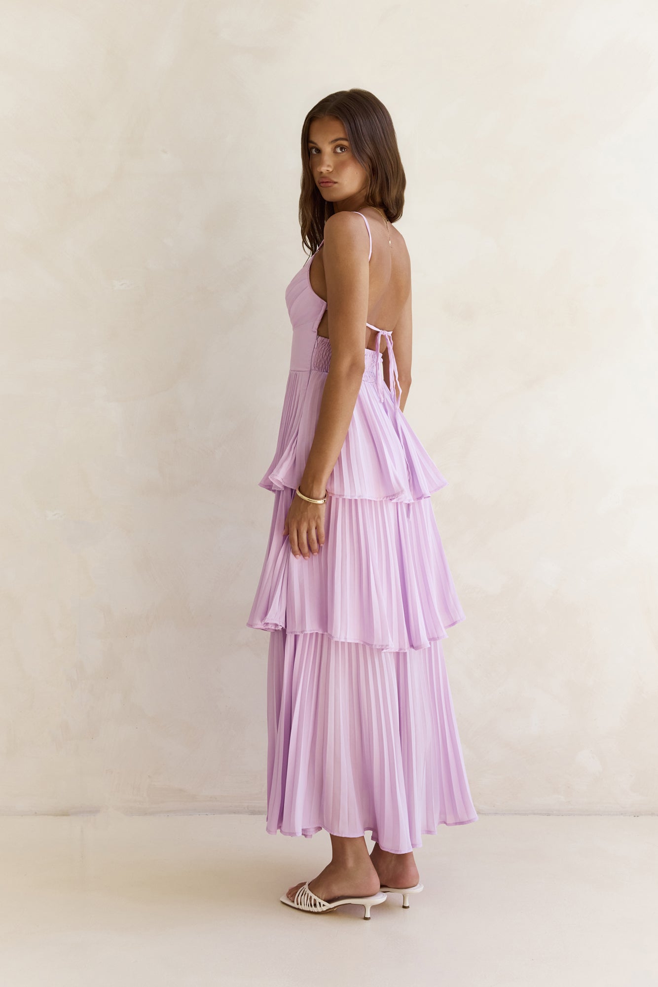 Women's Maxi Dress with Pleated Design and V-Neck