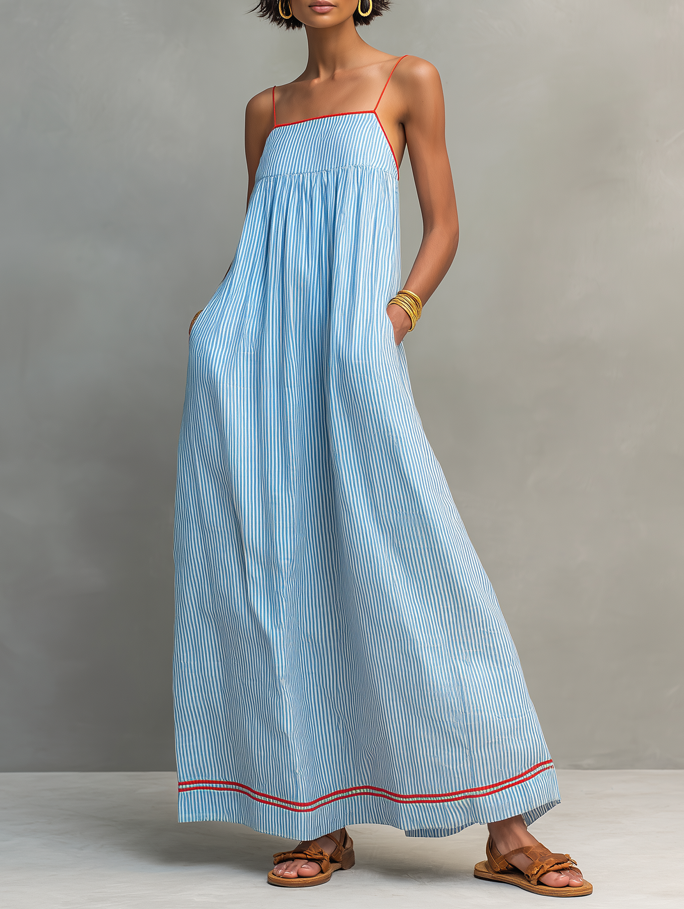 Women's Maxi Dress with Spaghetti Straps and Striped Design