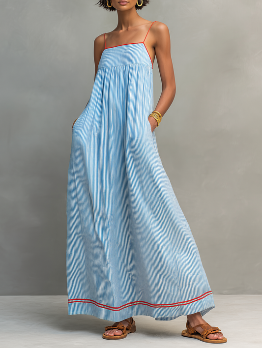 Women's Maxi Dress with Spaghetti Straps and Striped Design