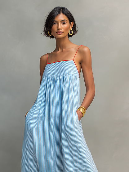 Women's Maxi Dress with Spaghetti Straps and Striped Design