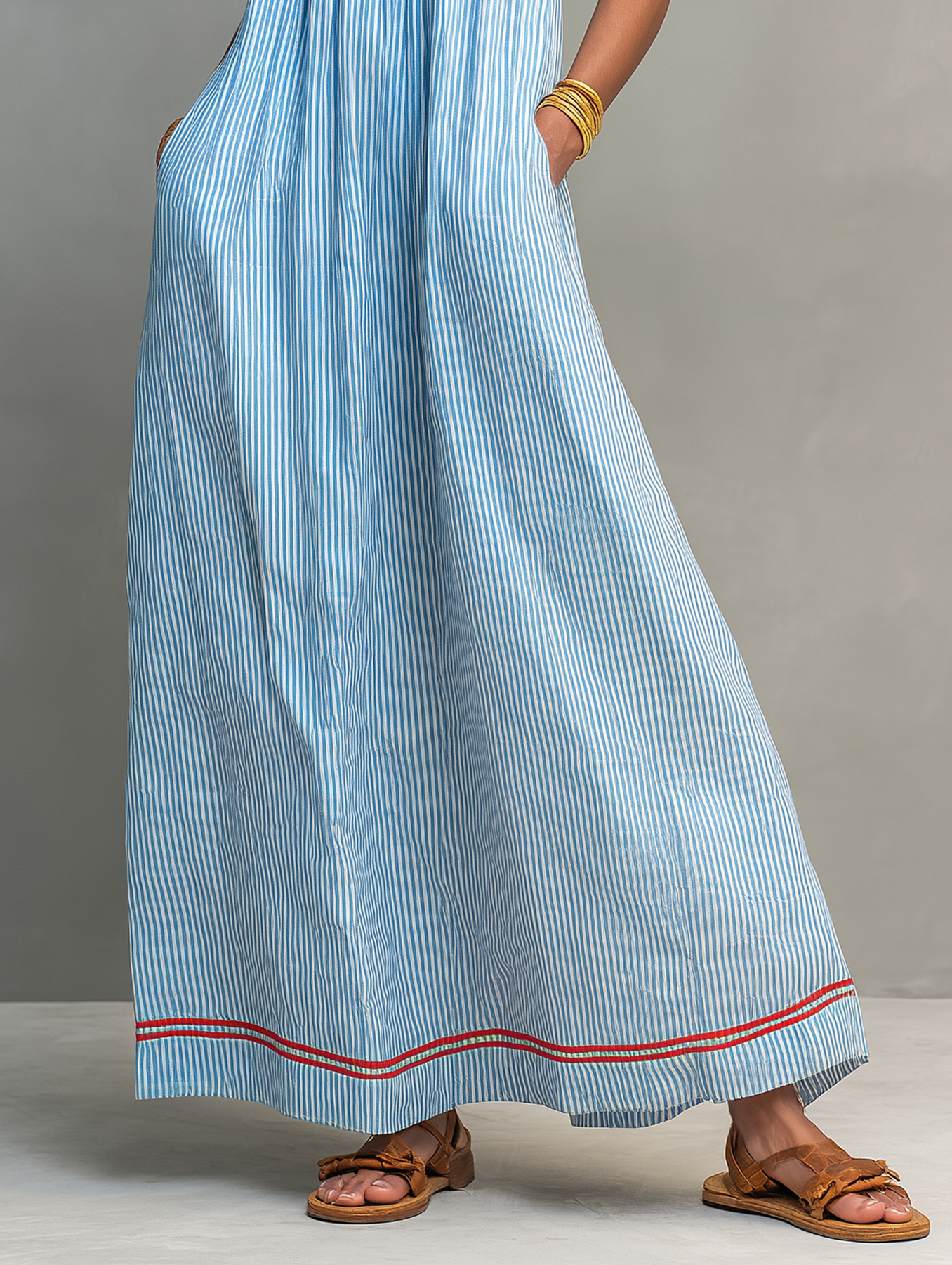 Women's Maxi Dress with Spaghetti Straps and Striped Design