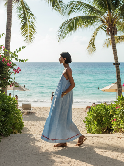 Women's Maxi Dress with Spaghetti Straps and Striped Design