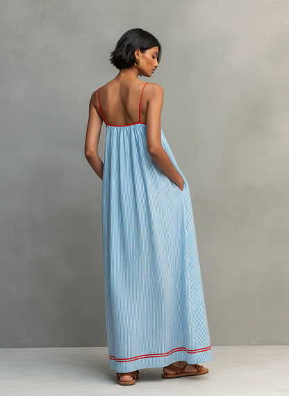Women's Maxi Dress with Spaghetti Straps and Striped Design