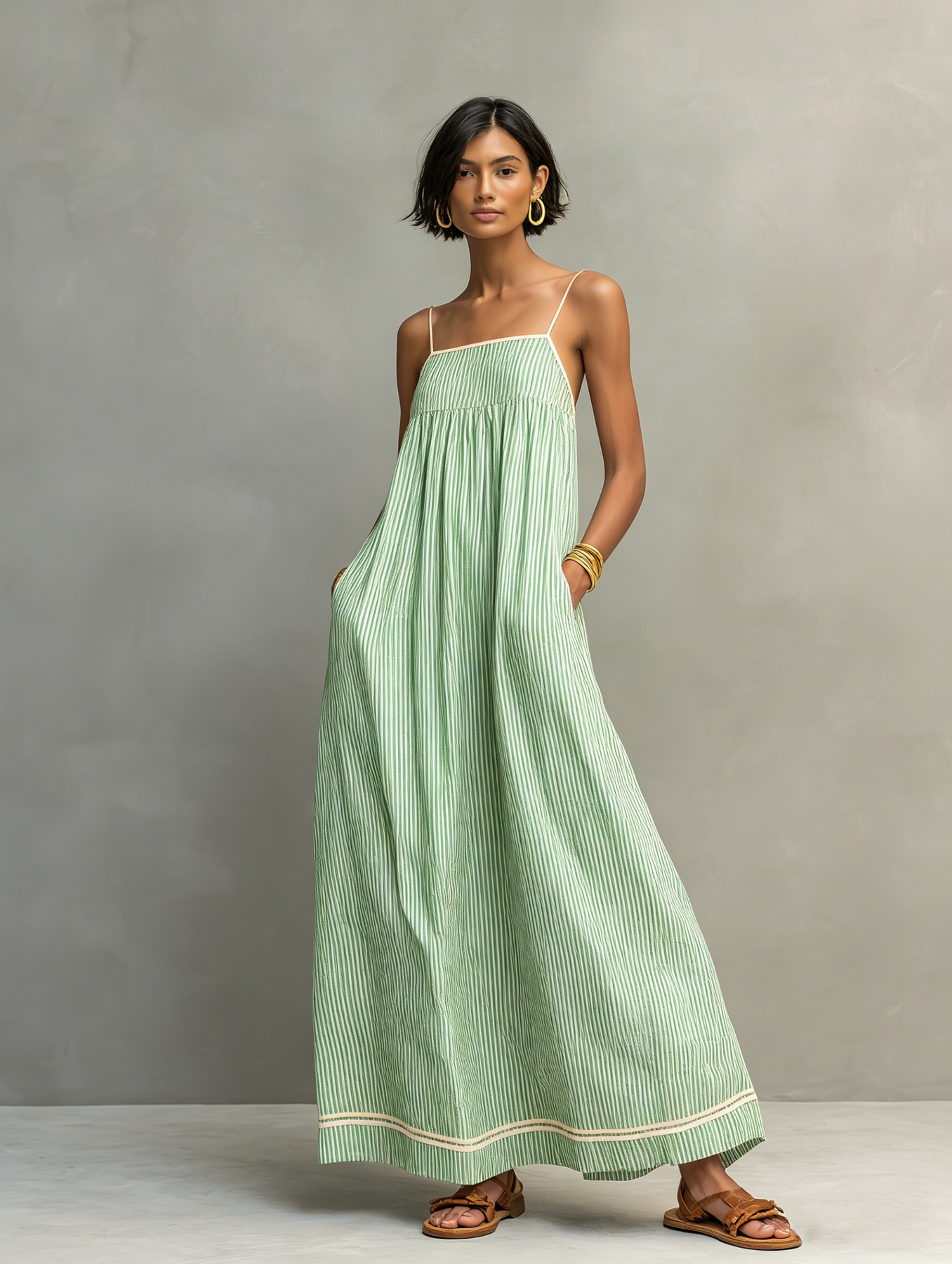 Women's Maxi Dress with Spaghetti Straps and Striped Design