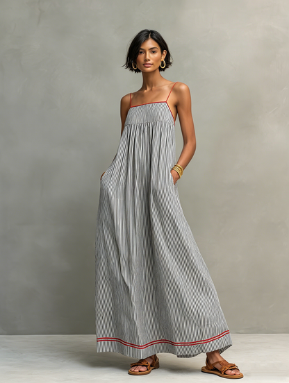Women's Maxi Dress with Spaghetti Straps and Striped Design