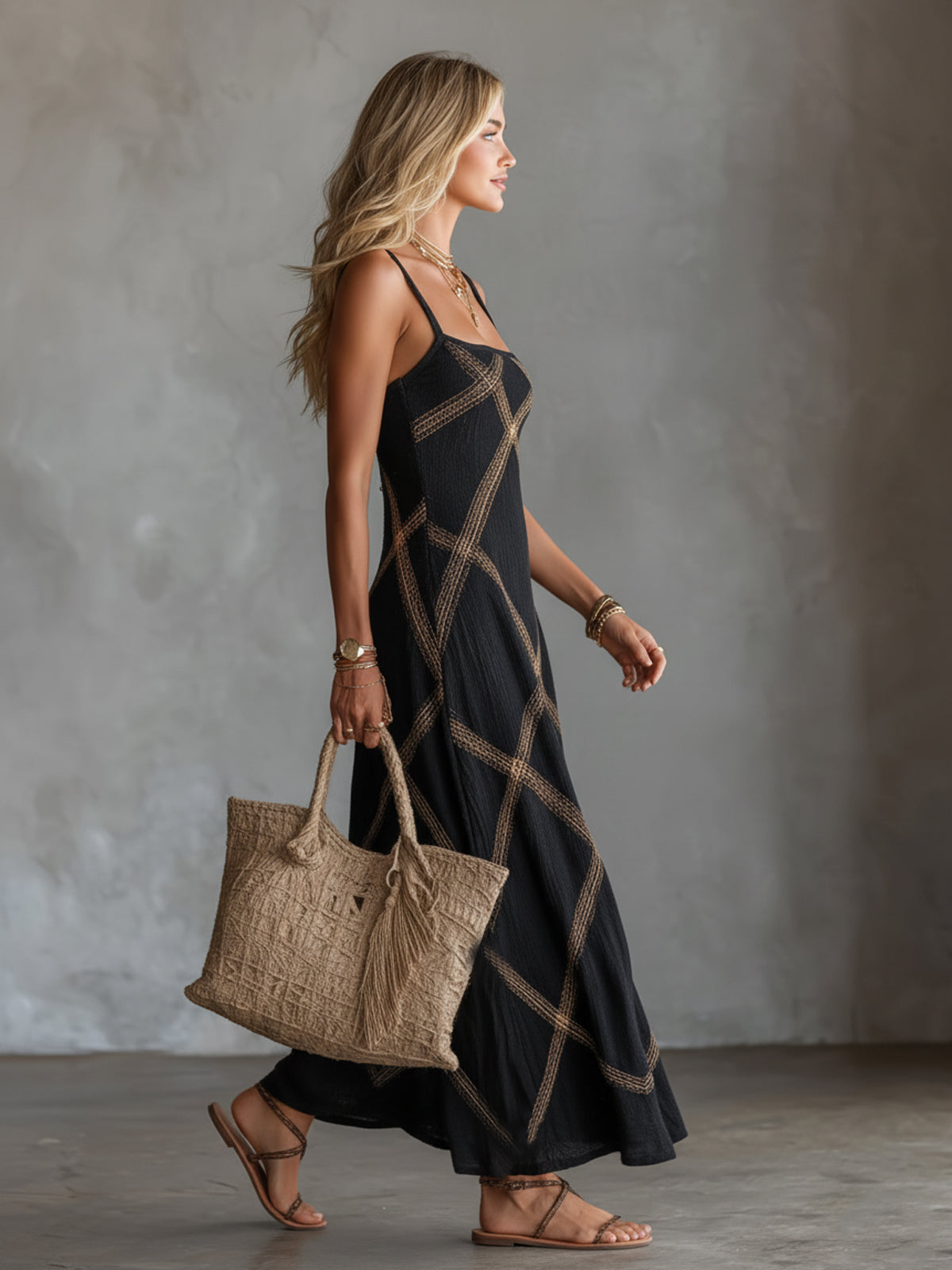 Women's Maxi Dress with Thin Straps and Geometric Pattern